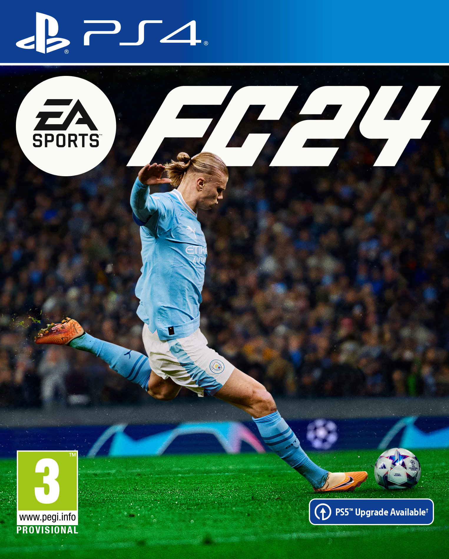 PS4-Spielbox-Cover für EA Sports FC24. Ein Spieler, der einen Ball in einem Stadion tritt, ist zu sehen.