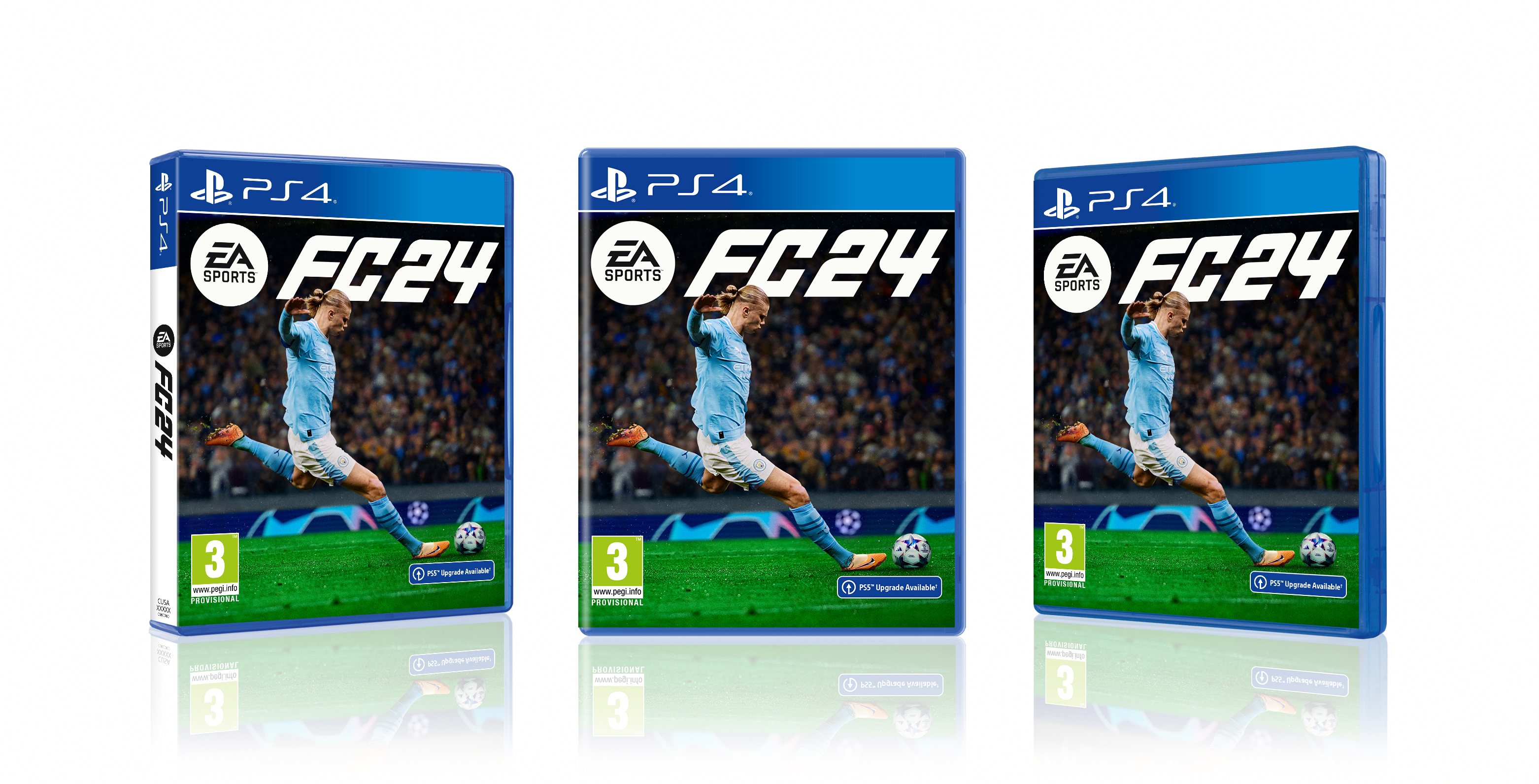 Drei EA Sports FC24 Spielhüllen. Spieler tritt Ball auf dem Cover. Blaue Hülle.
