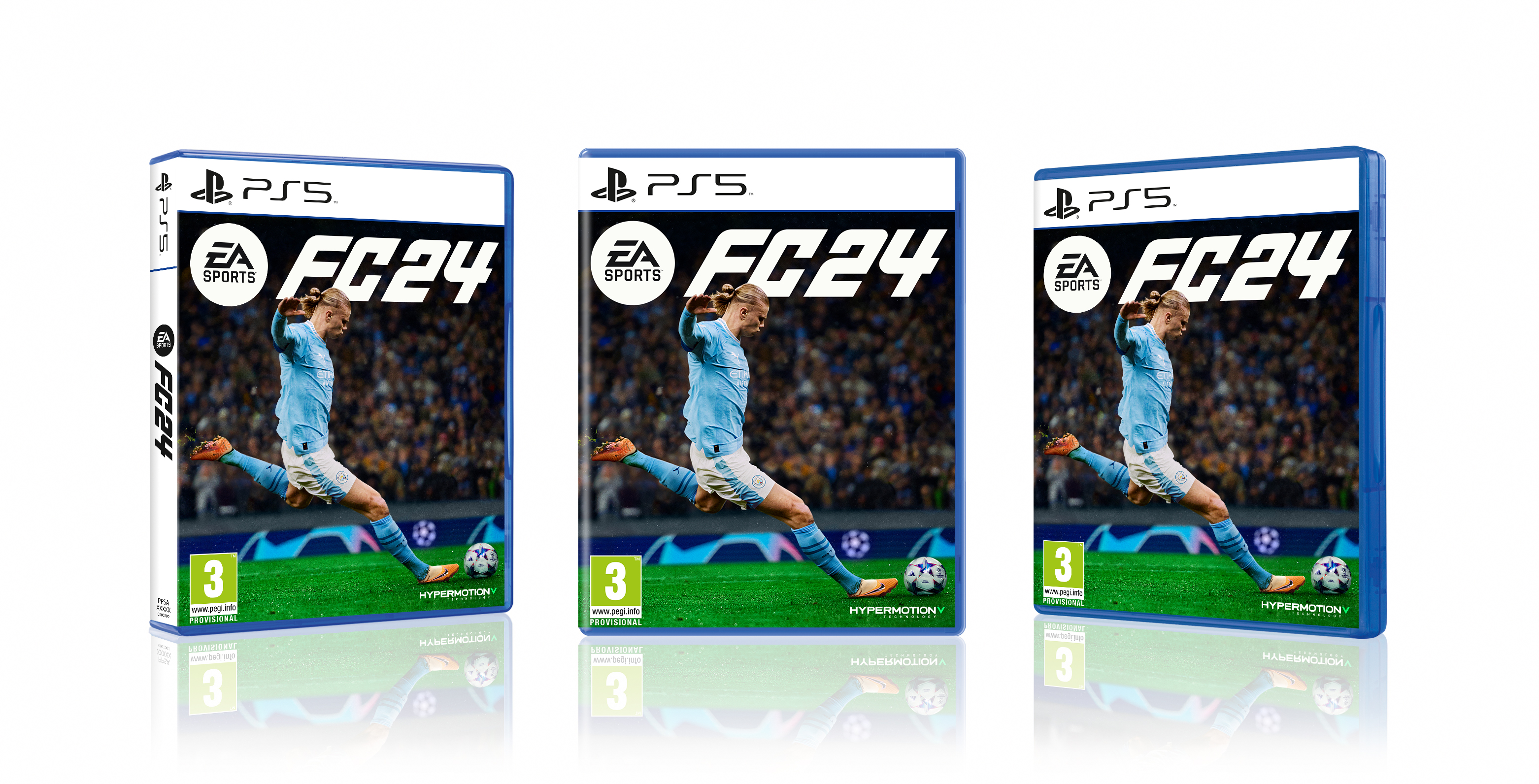 Drei PS5-Spielhüllen von EA Sports FC24 mit einem Fußballspieler auf dem Cover.