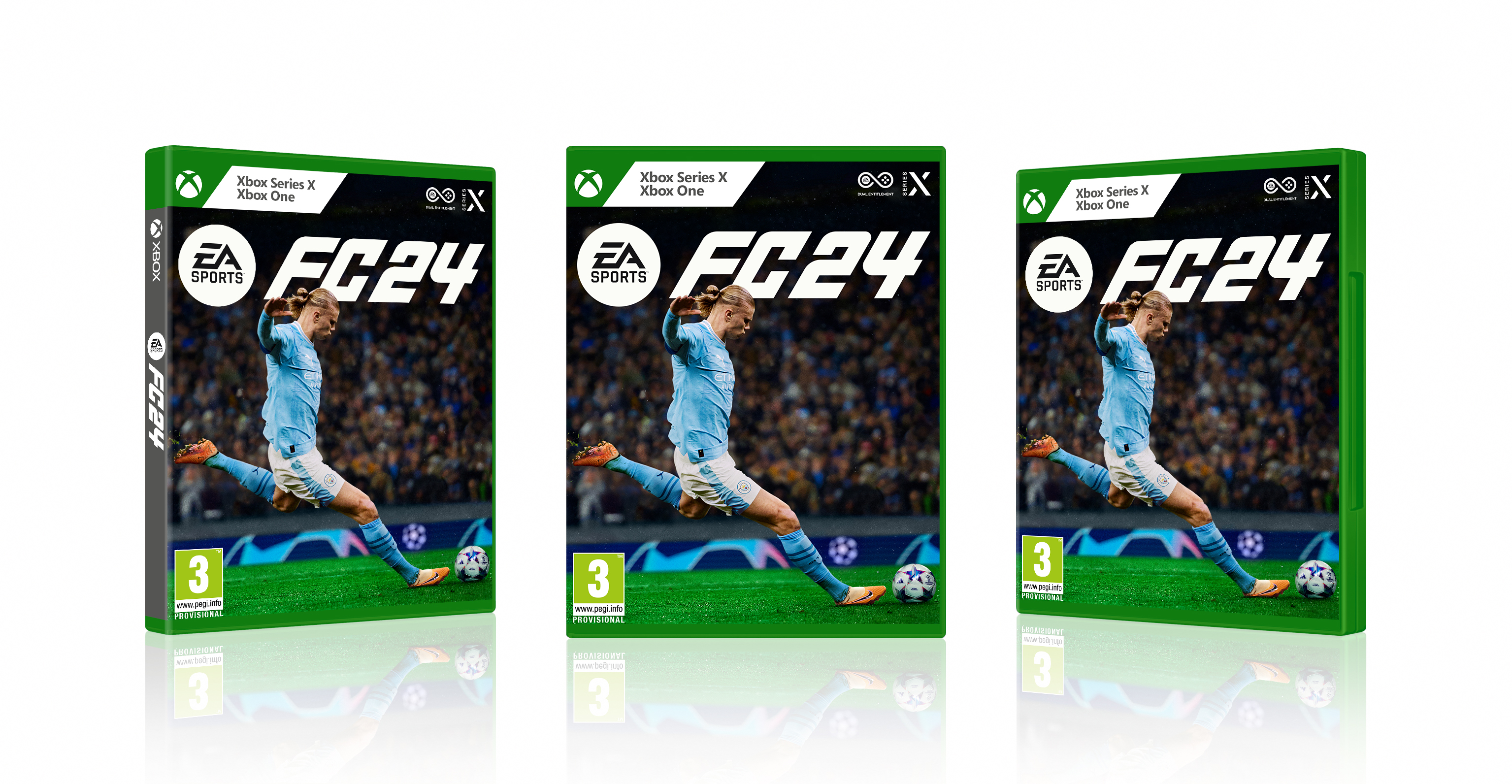 Drei Spielboxen für FC24. Jede Box hat einen Spieler, der einen Ball tritt, und das Spiellogo.