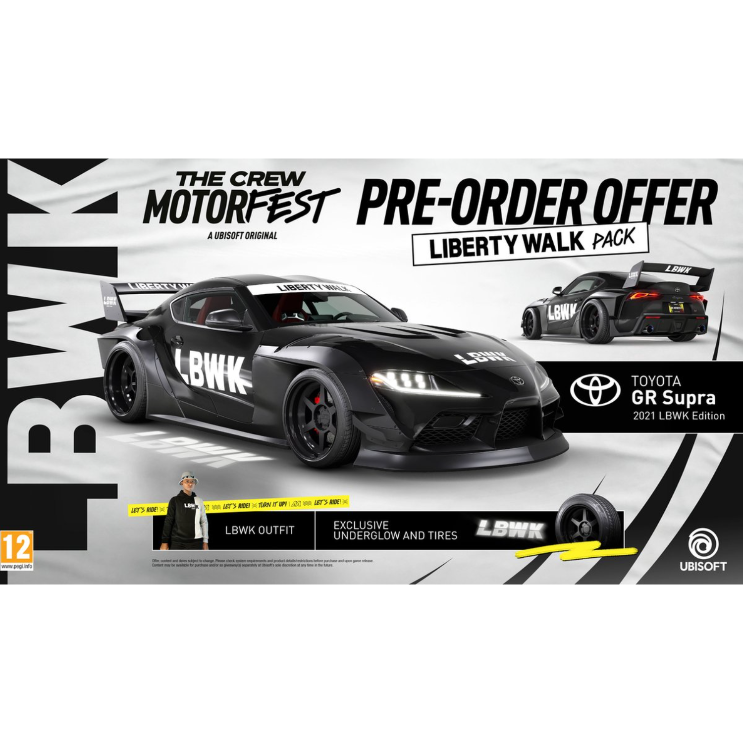 Black car with spoiler, game promotion with text and logo.