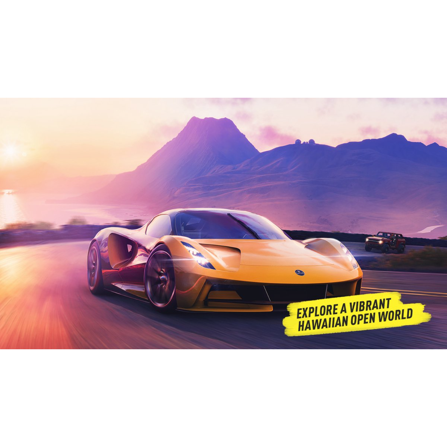 Yellow sports car on a road at sunset with a mountain in the background.