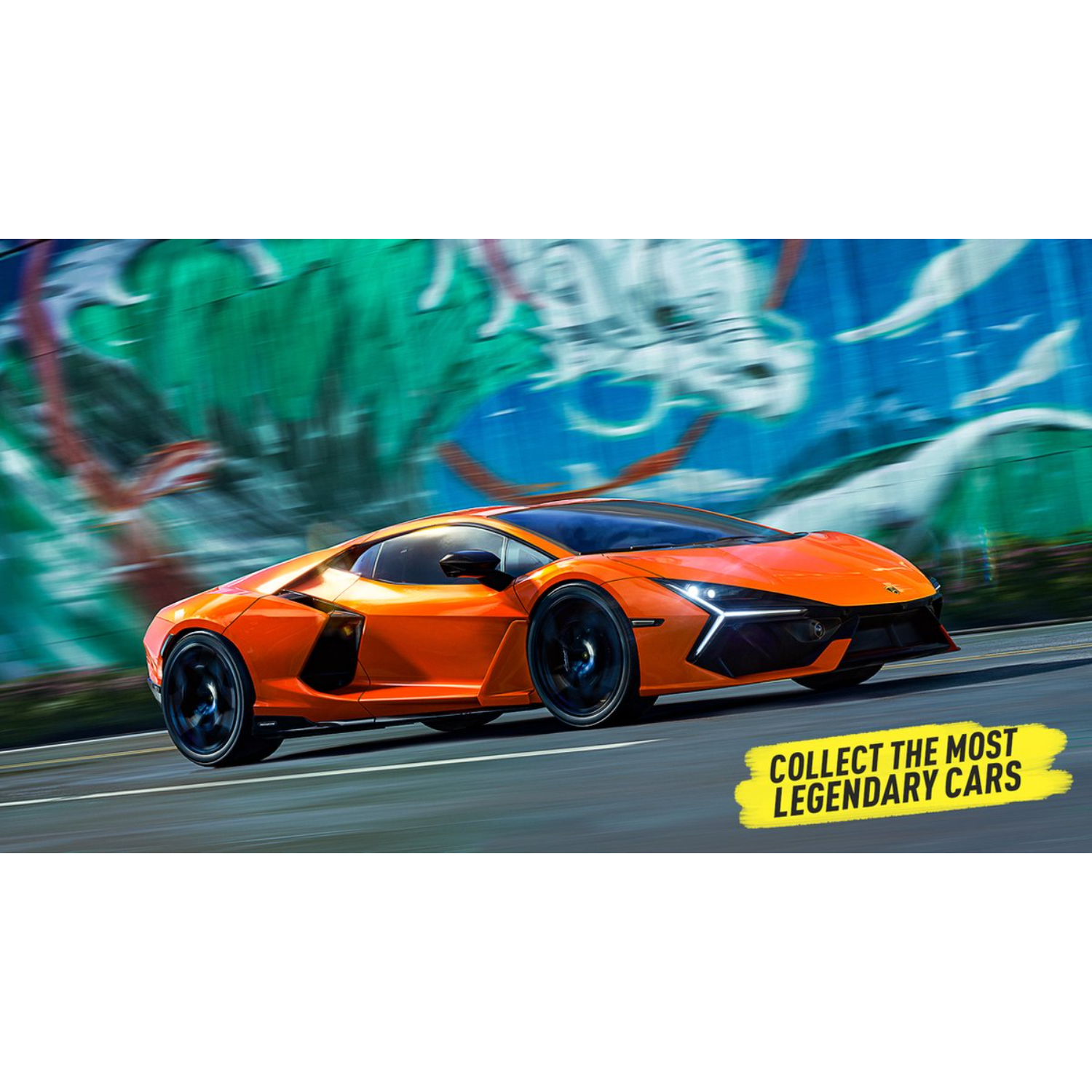 An orange sports car speeding on a road, with a graffiti background. A yellow banner says 'COLLECT THE MOST LEGENDARY CARS'.