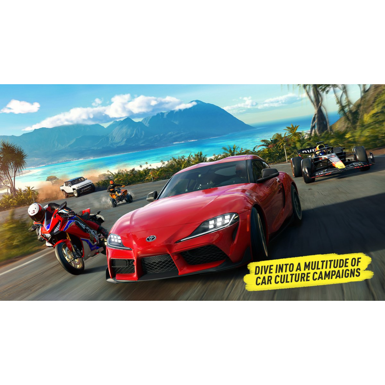 Red sports car racing with motorbikes and race cars. Mountains and sky in the background.