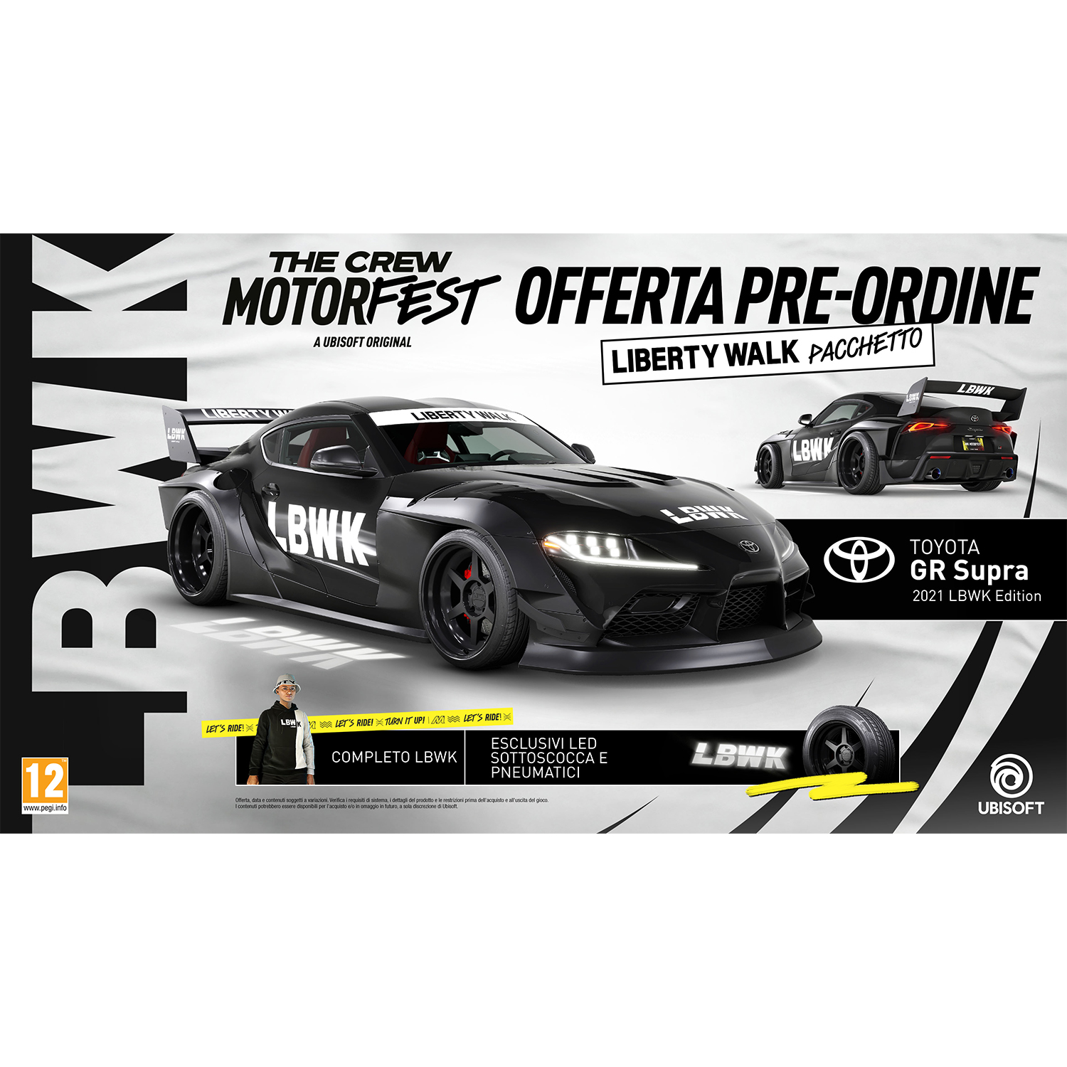 Auto sportiva nera con spoiler e testo promozionale: The Crew Motorfest. Toyota GR Supra LBWK edition.