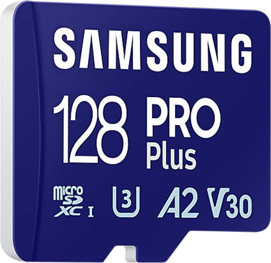 Kék Samsung 128 PRO Plus microSD kártya. Fehér szöveg, fekete részletek. SD kártya logó.