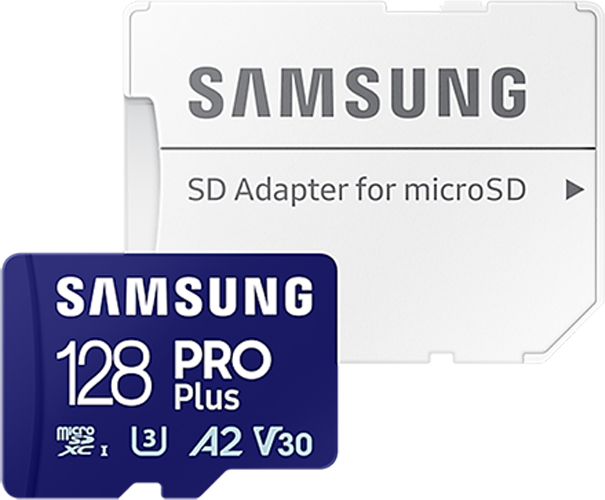 Egy kék és sötétkék SD kártya és adapter. A SAMSUNG szöveg látható.
