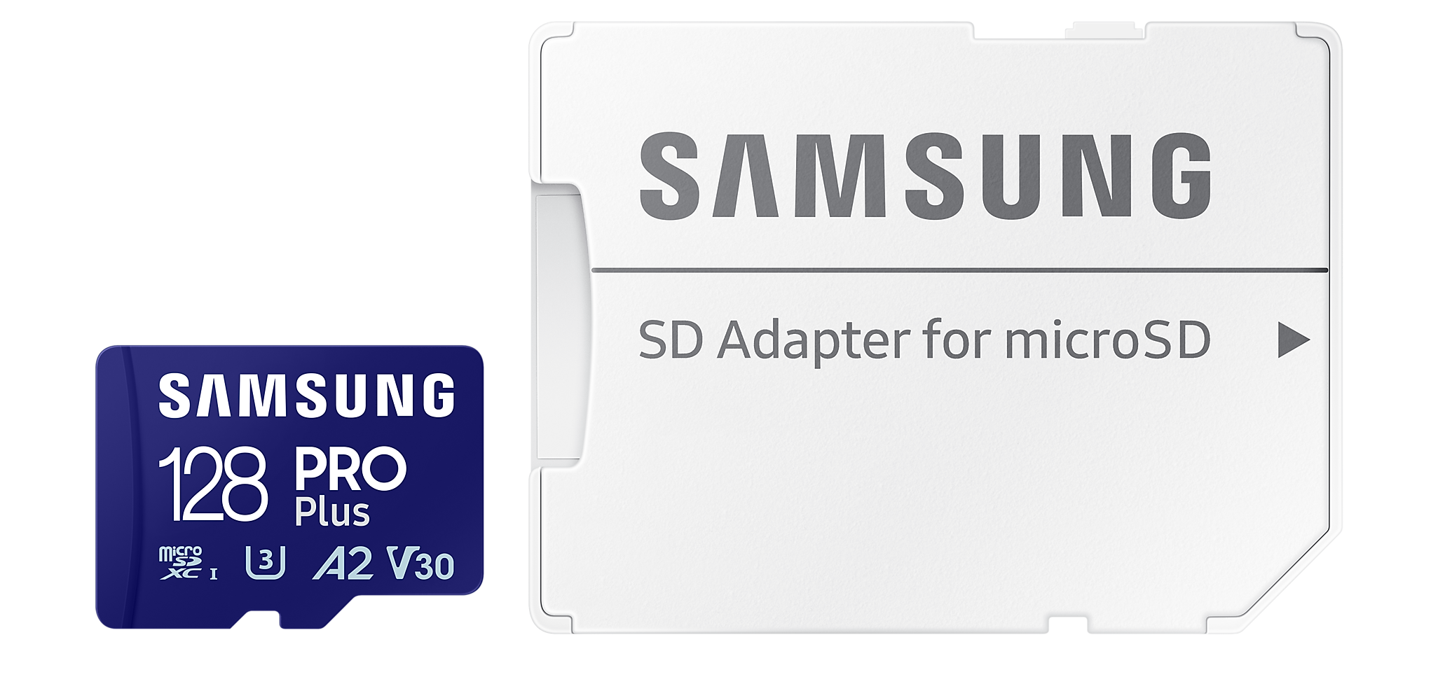 Kék Samsung microSD kártya fehér SD adapterrel, fekete háttér előtt.