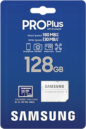 Samsung SD kártya csomagolása. A csomag a kártyát és az adaptert mutatja, szöveggel.