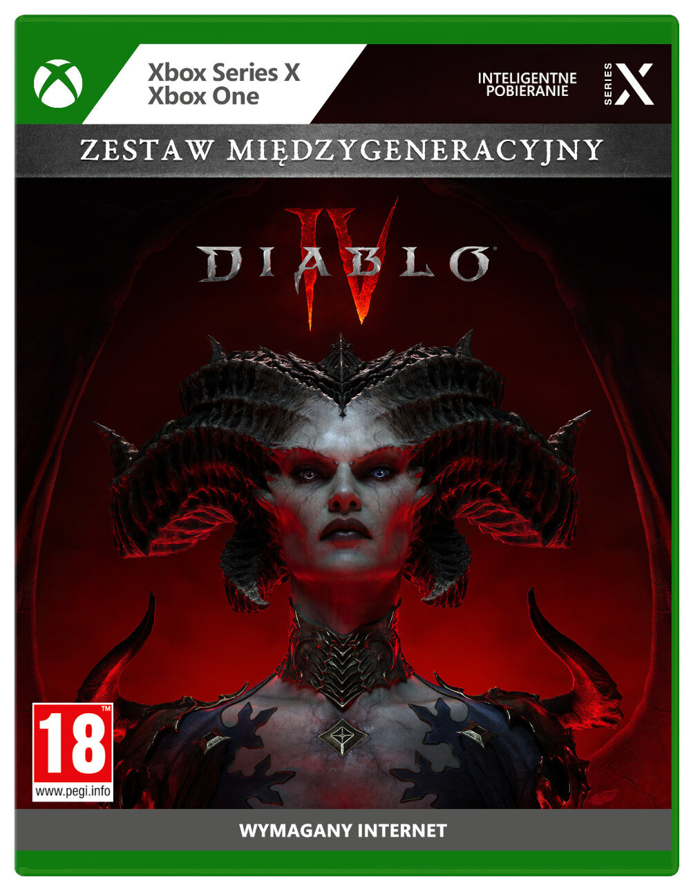 Pudełko z grą wideo Diablo IV. Zielona obwódka. Kobieta z rogami na okładce.