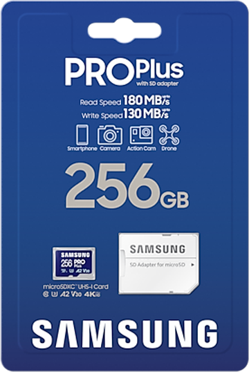 Samsung PRO Plus SD kártya csomagolása, 256 GB, olvasás 180 MB/s, írás 130 MB/s, kamerához, drónhoz.