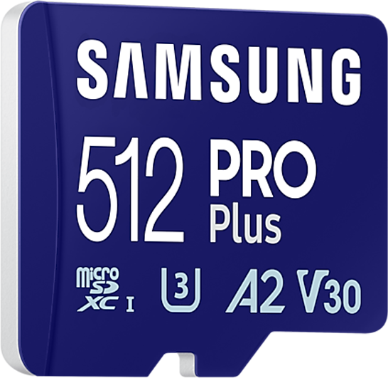 Kék Samsung 512 PRO Plus MicroSD kártya. Szöveg jelenik meg.