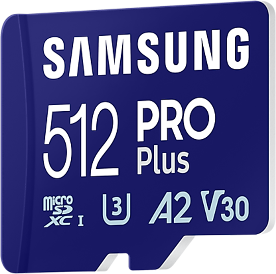 Kék Samsung 512 PRO Plus Micro SD kártya fehér szöveggel rajta.