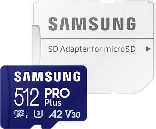Kék-fehér Samsung SD kártya és adapter csomagolás fehér felületen.