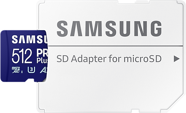 Egy kék microSD kártya és egy SD adapter, mindkettő Samsung márkájú.