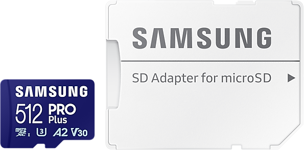 Samsung SD kártya és SD adapter. Kék kártya szöveggel, fehér adapter Samsung logóval.