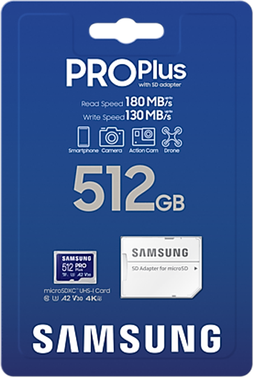 Kék-fehér Samsung Pro Plus SD-kártya csomagolása szöveggel.