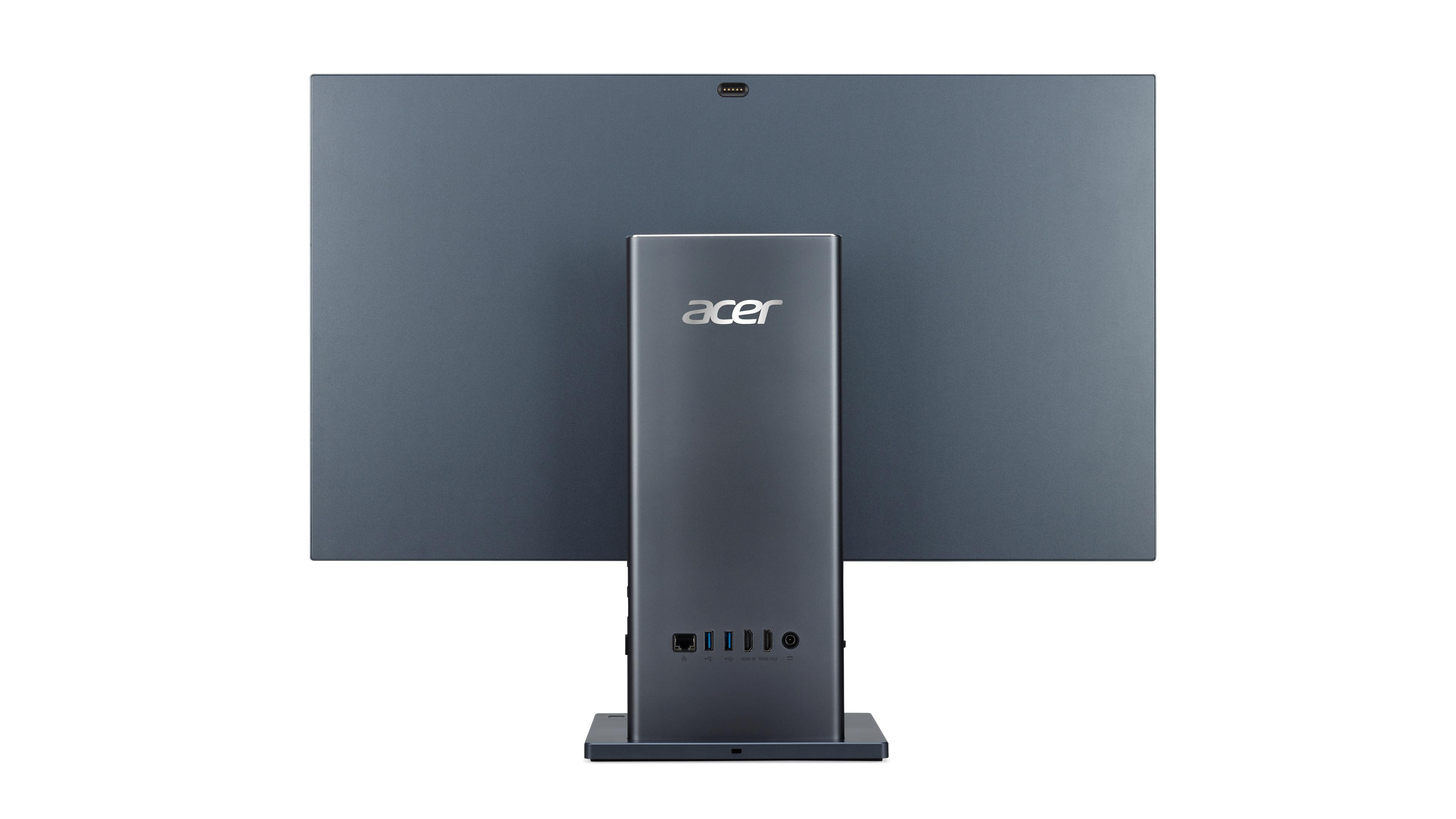 Rückseite eines dunkelgrauen Acer-Monitors, mit Anschlüssen und Ständer. Klares, minimalistisches Design.