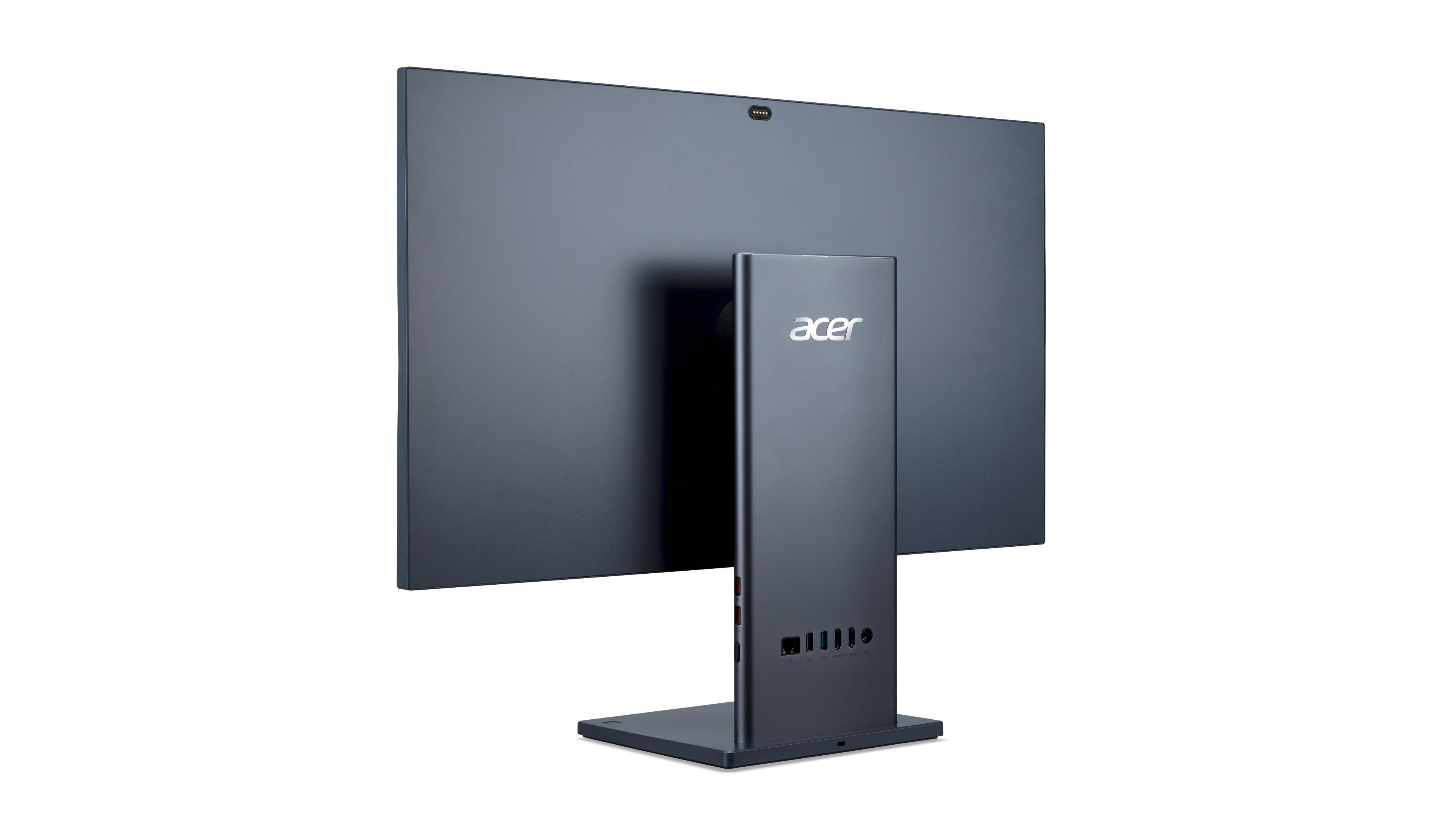 Rückansicht eines dunkelgrauen Monitors mit passendem Sockel, Acer-Logo sichtbar.