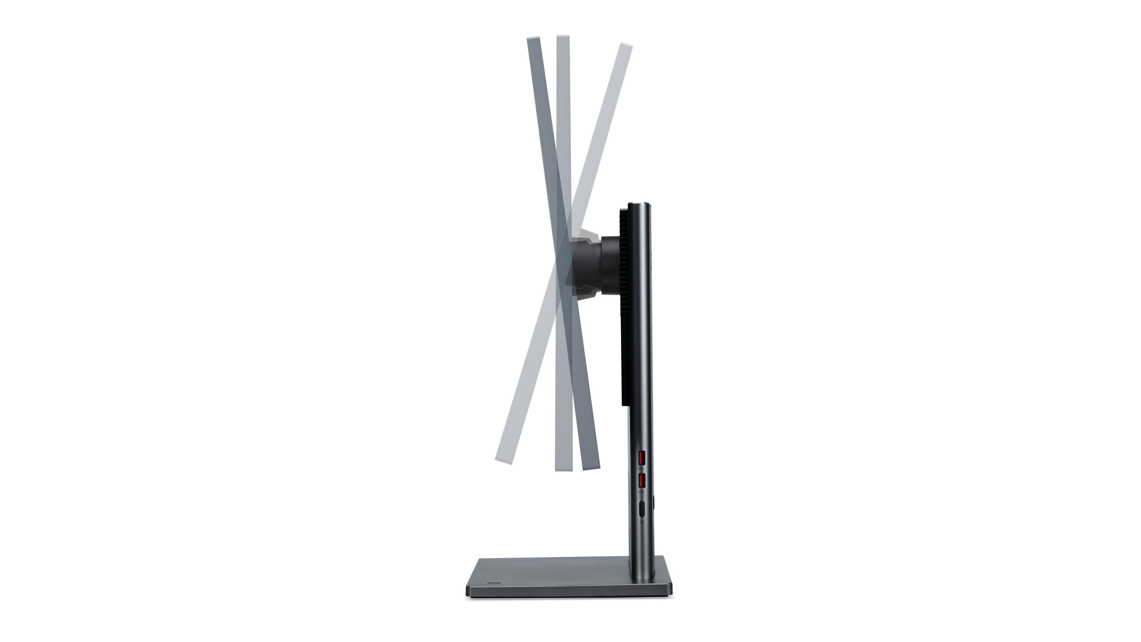 Seitenansicht eines Computermonitors mit einstellbarer Neigung. Weißer Hintergrund.
