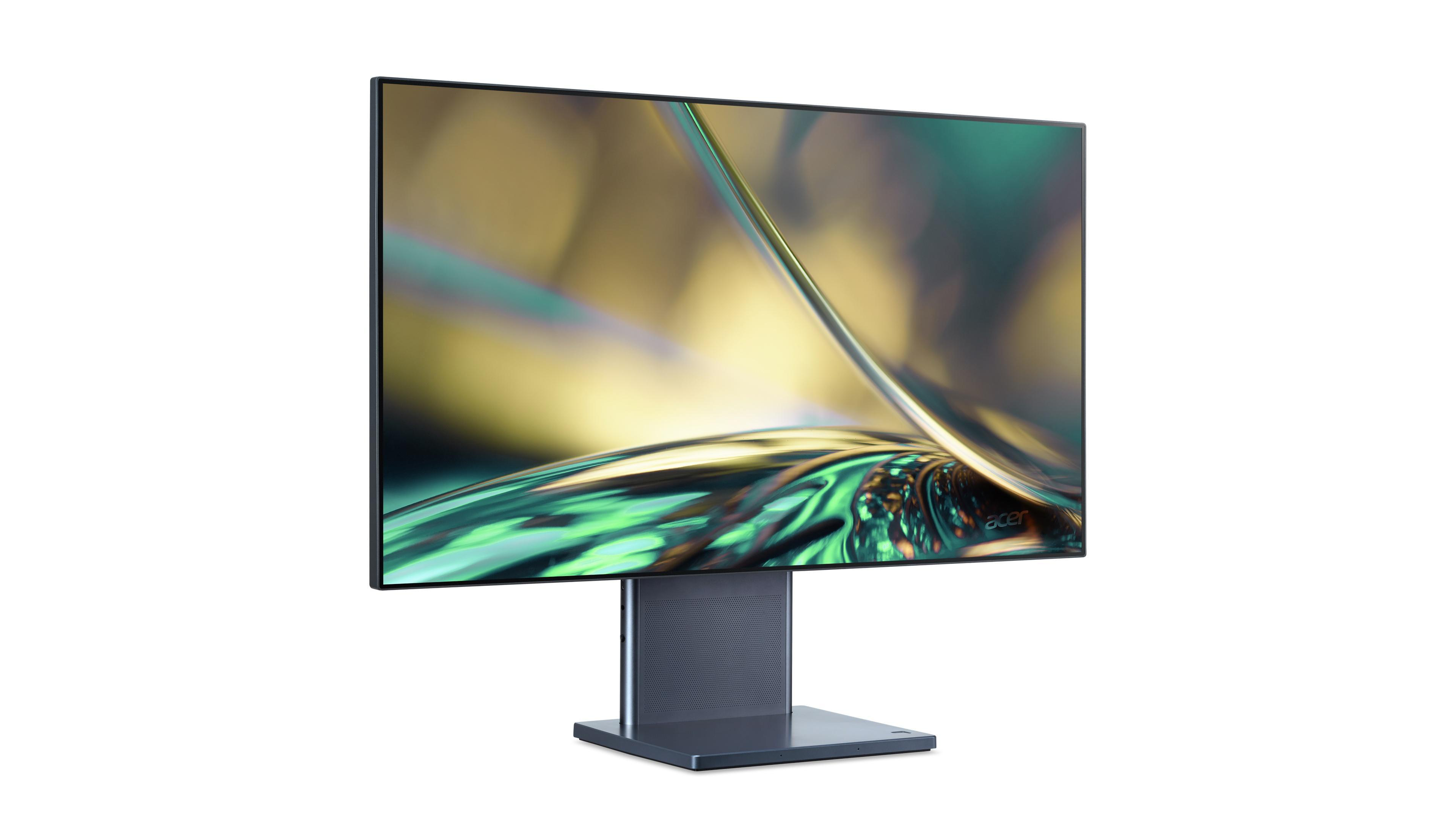 Ein moderner Computermonitor. Schwarzer Bildschirm, silberner Ständer und ein hellfarbiger Hintergrund.