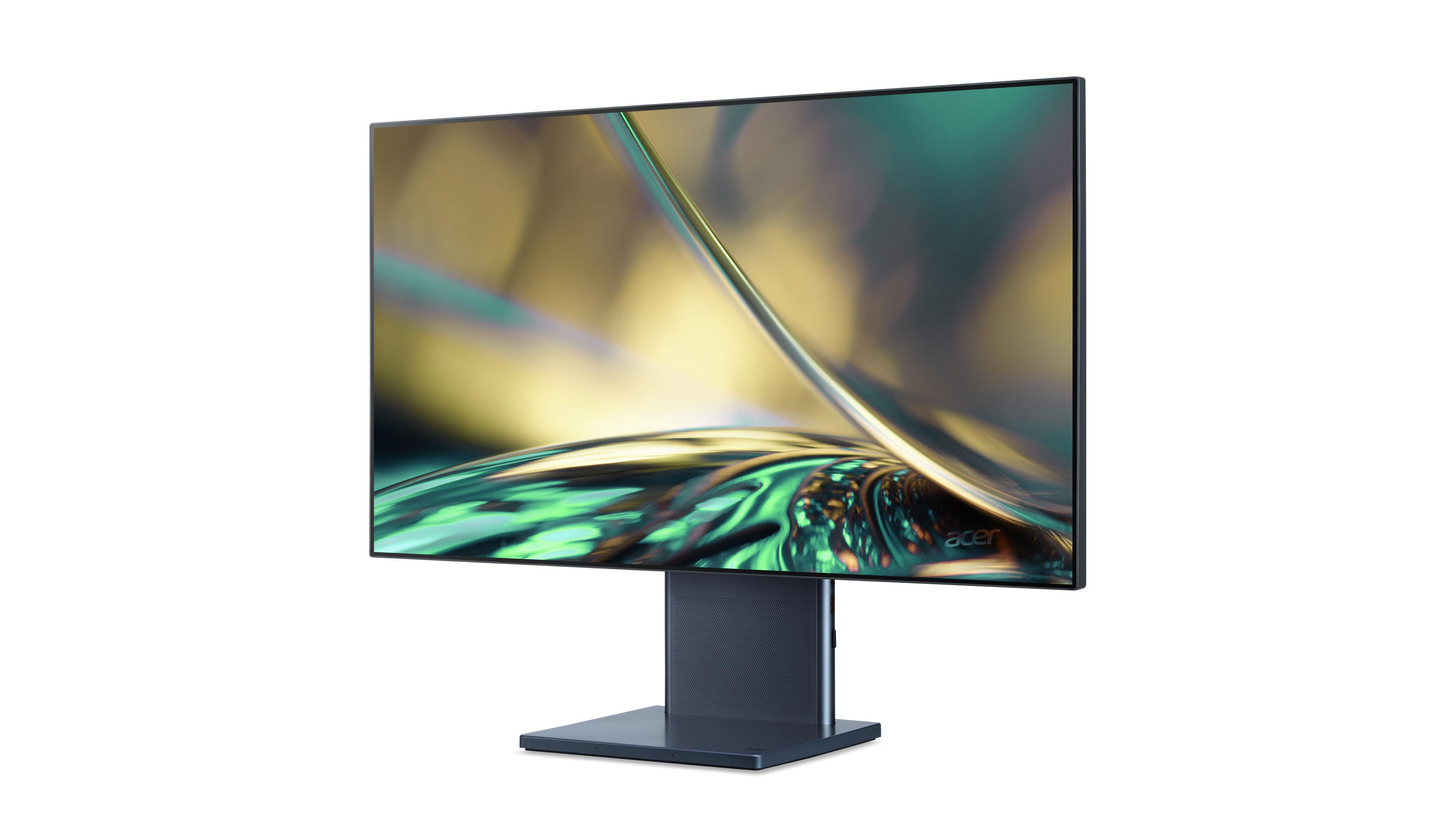 Moderner Monitor mit schmalen Blenden, Acer-Logo, auf einem Ständer mit farbigem Display.