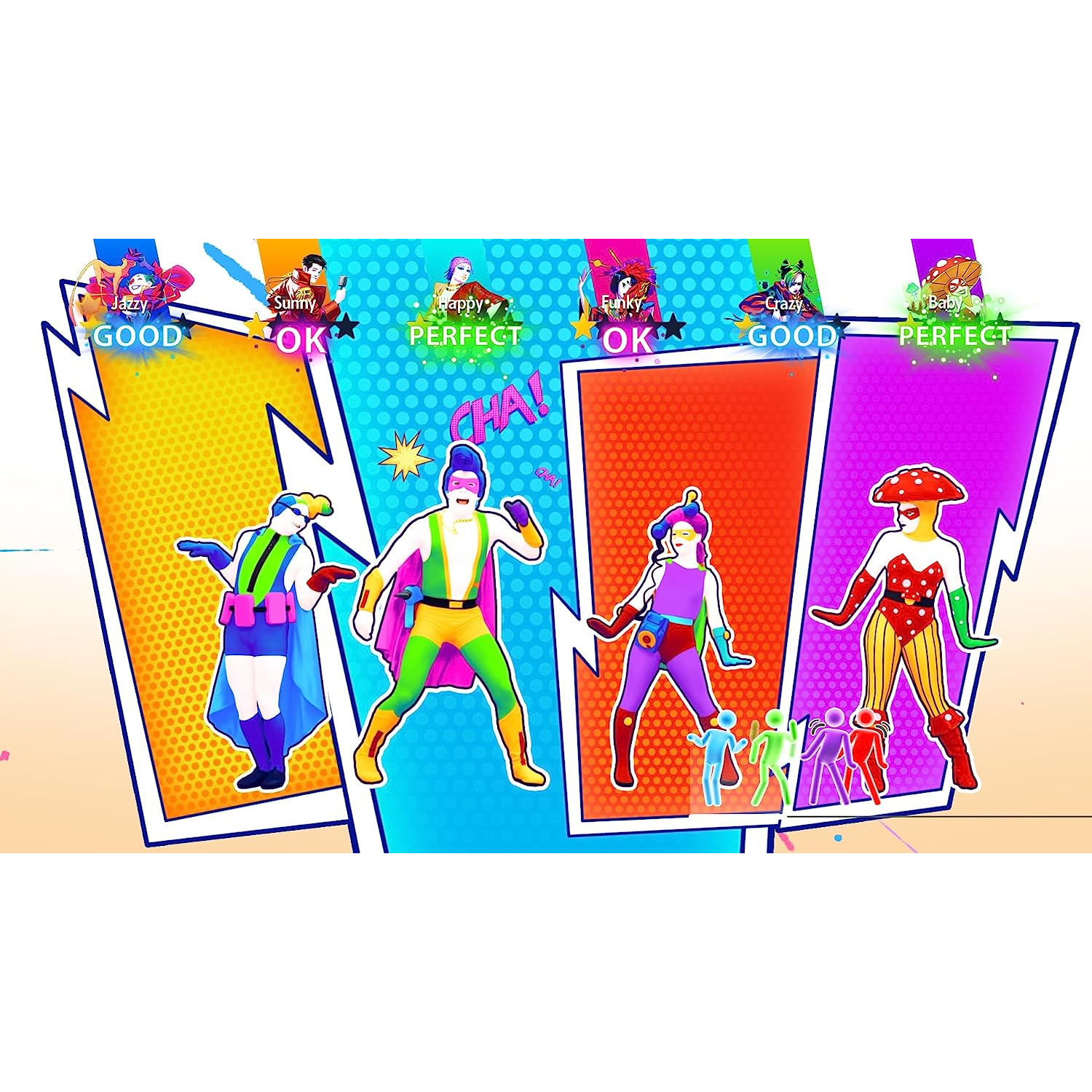 Video game characters dancing on stage with score indicators.