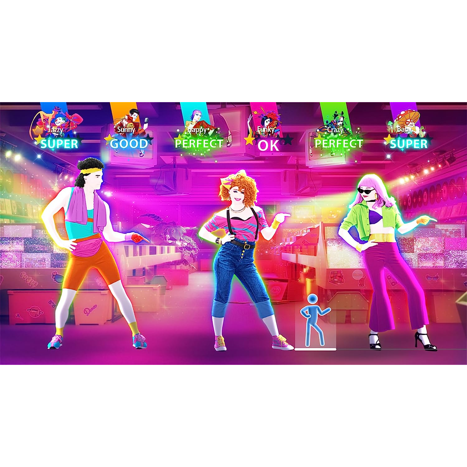 Three dancers on a stage with scores above their heads. A stage is in the background.