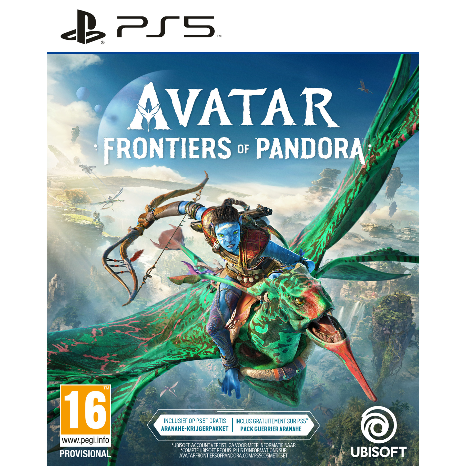 Avatar: Frontiers of Pandora game cover. Een Na'vi rijdt op een wezen, met een bosachtergrond, op een blauwe cover.