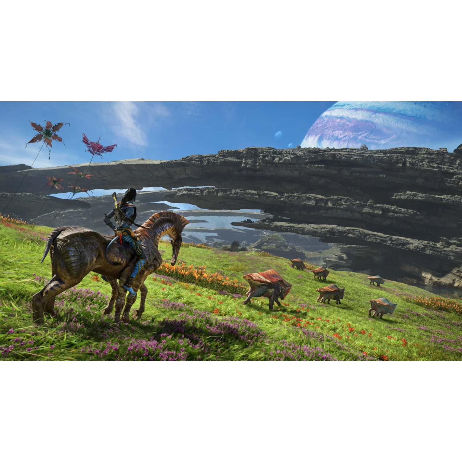 Persoon op paardachtig wezen in levendig landschap.