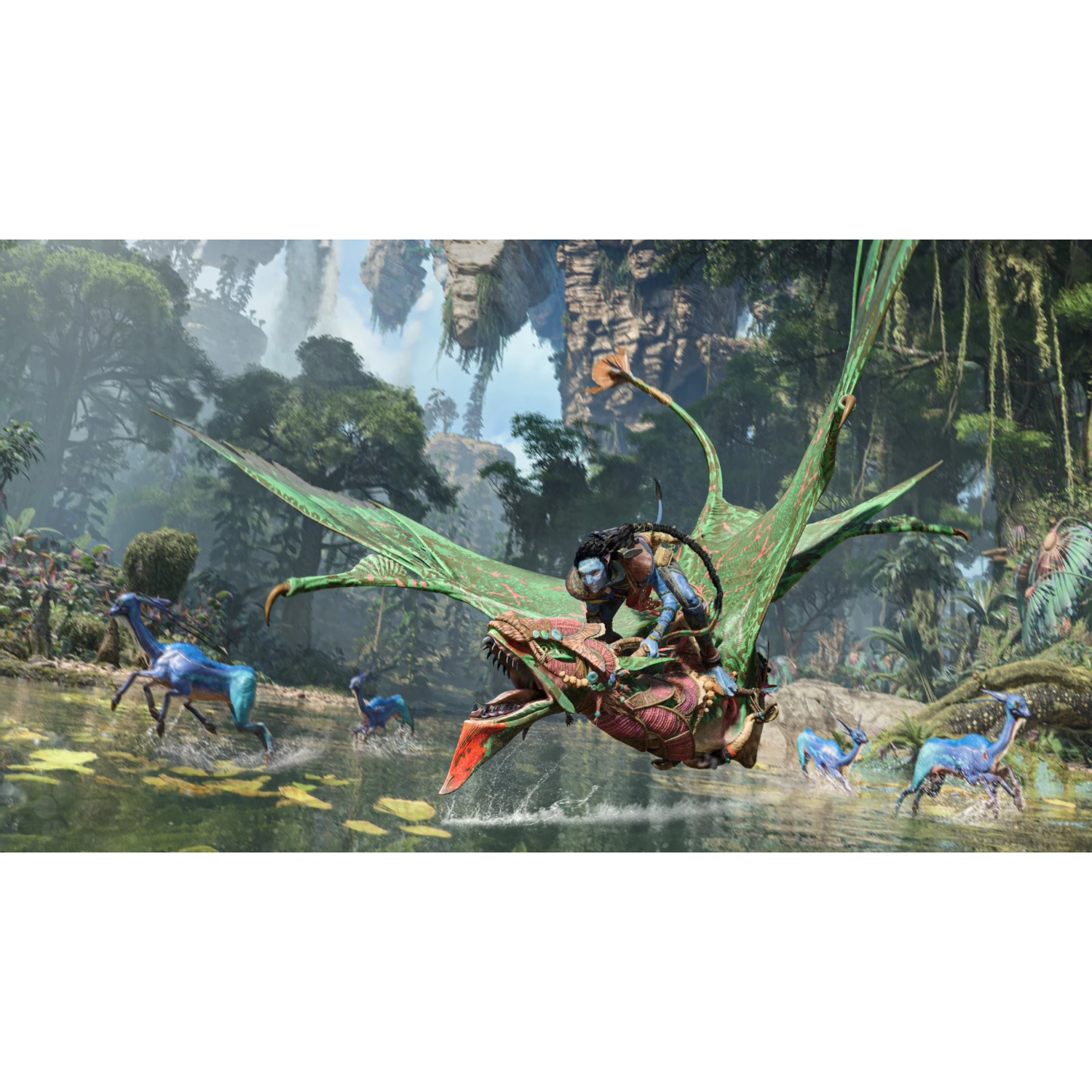 Een fantasiescène met een persoon die op een draakachtig wezen over water rijdt, met een weelderig bos.