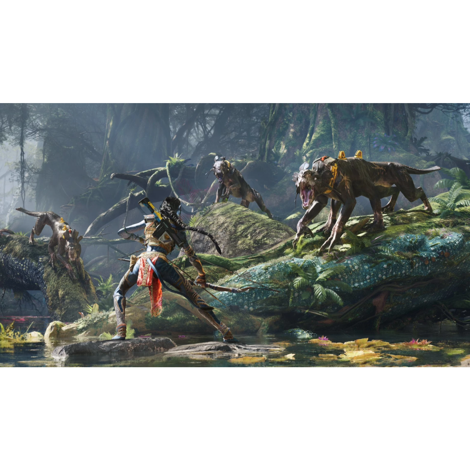 Een krijger met een boog staat tegenover vier dierachtige wezens in een jungle.