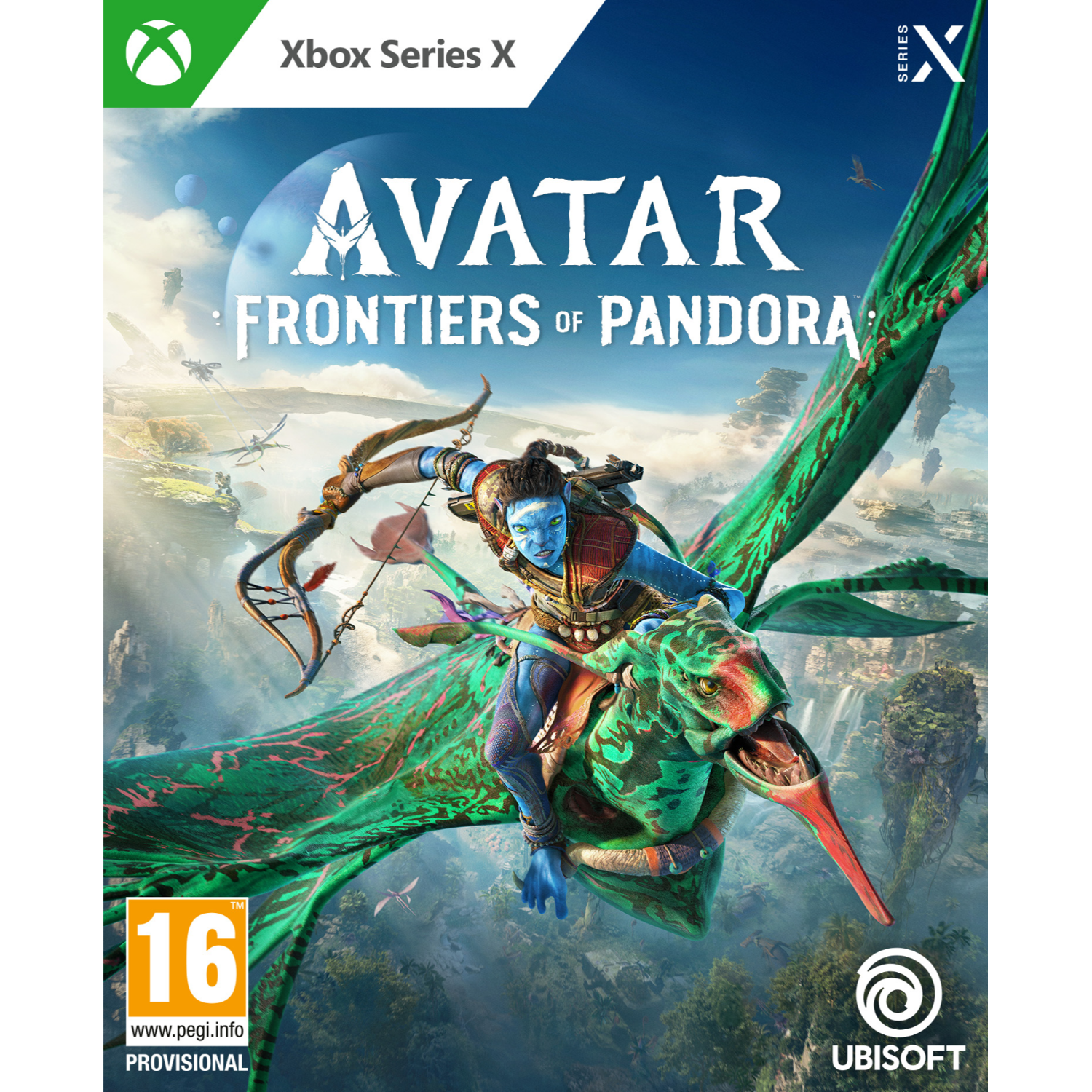 Avatar game cover. Avatar personage berijdt vliegend wezen, bos achtergrond.
