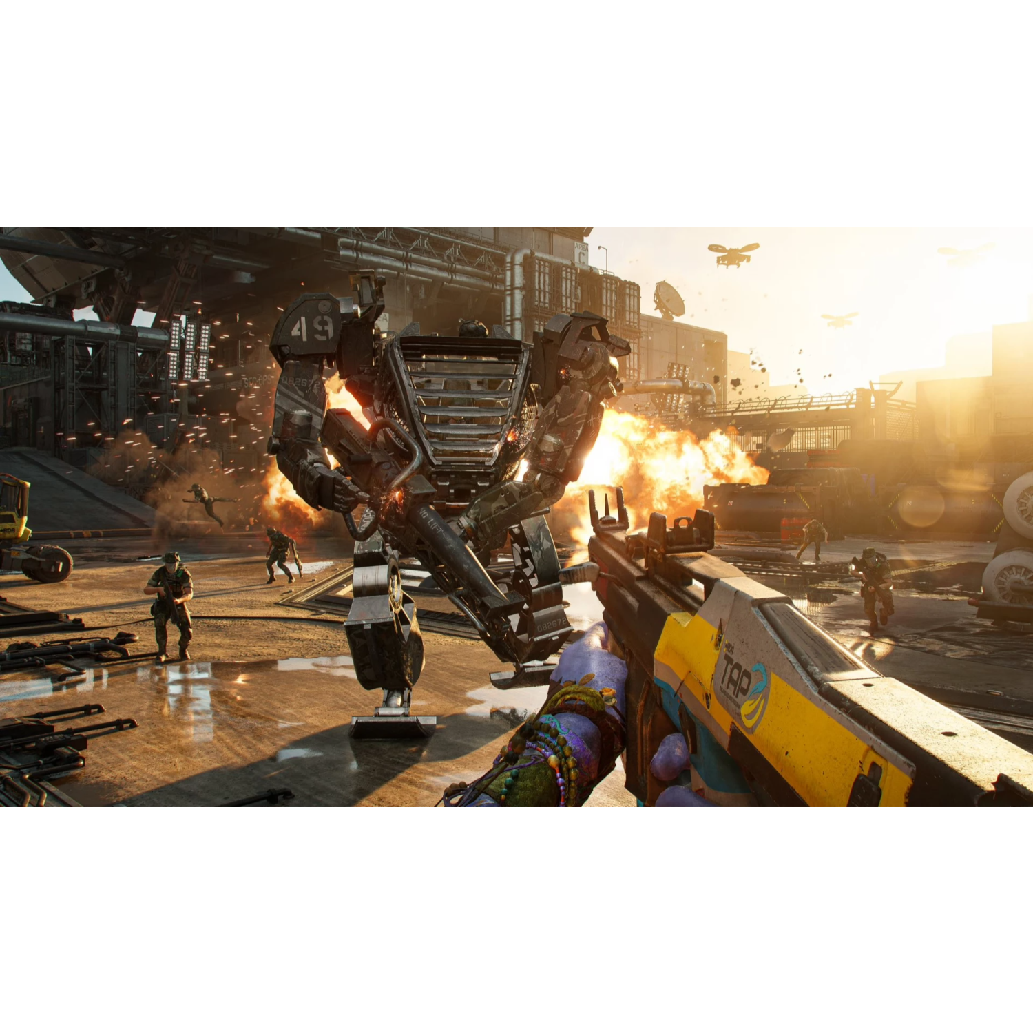 Een first-person view van een gevechtsscene met robots, explosies en soldaten.