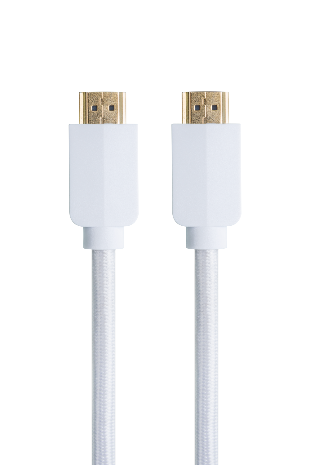 Dos cables HDMI blancos con conectores dorados, contra un fondo negro.