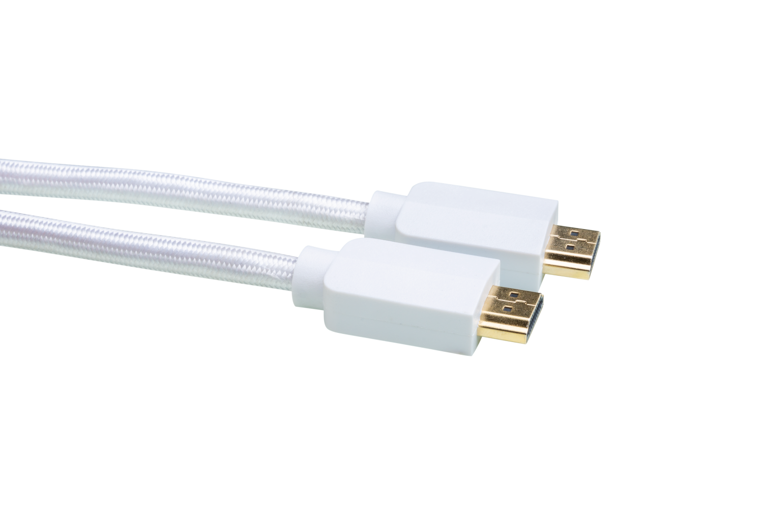 Dos cables HDMI blancos con conectores blancos y enchufes dorados sobre fondo negro.