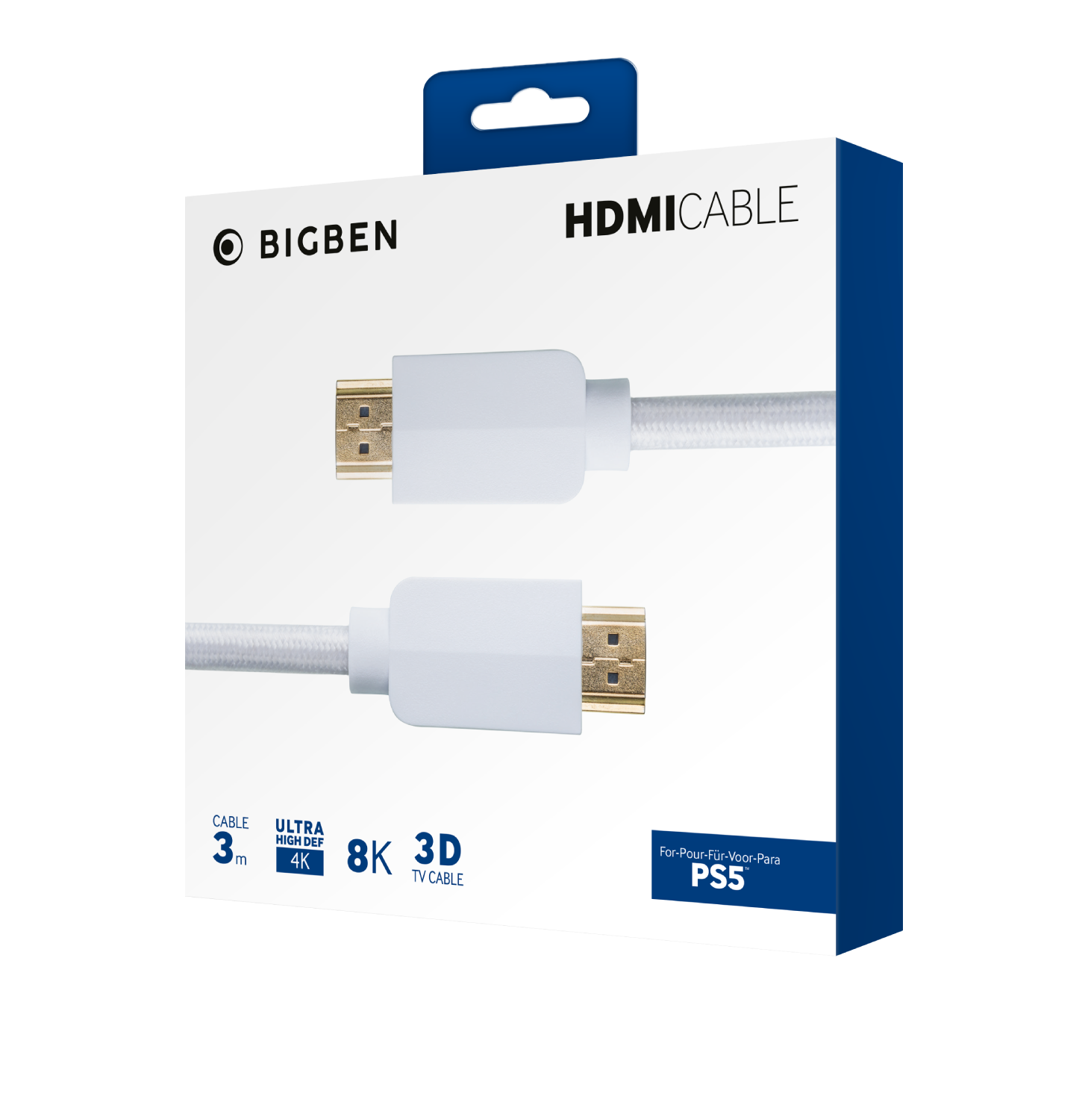 Cable HDMI blanco en una caja blanca, con detalles azules y texto.