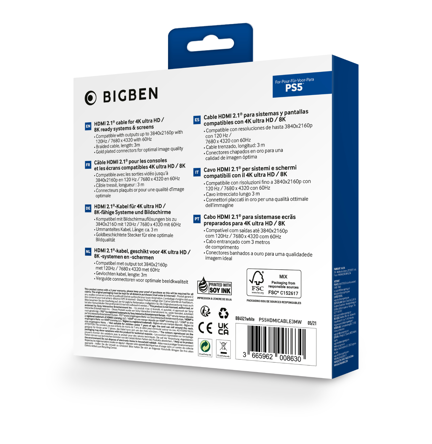 La parte trasera de una caja con información sobre un cable HDMI, para PS5, con la marca BIGBEN.