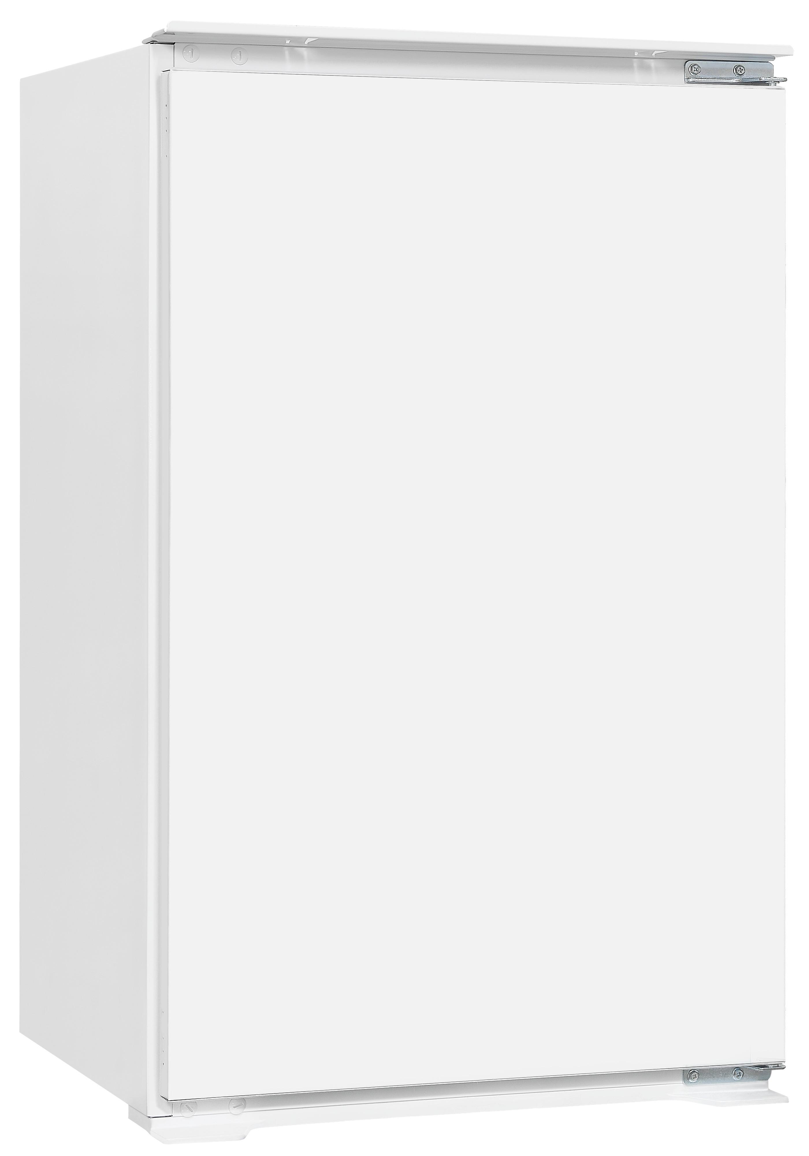 Ein weißer Kühlschrank mit einer einzigen Tür, der vor einer schlichten weißen Wand steht.