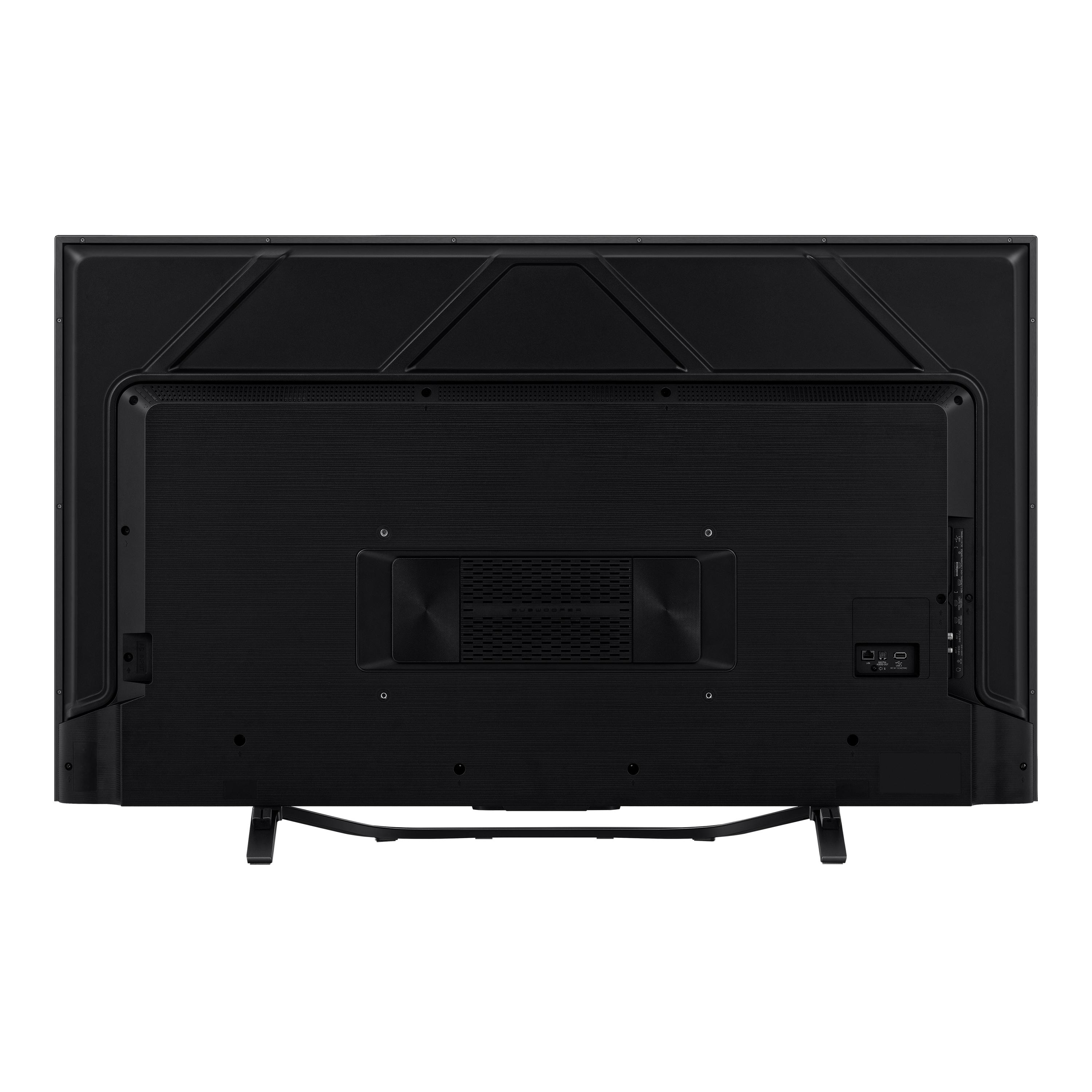 Rückseite eines Fernsehers, schwarz, mit Anschlüssen und Ständern sichtbar.