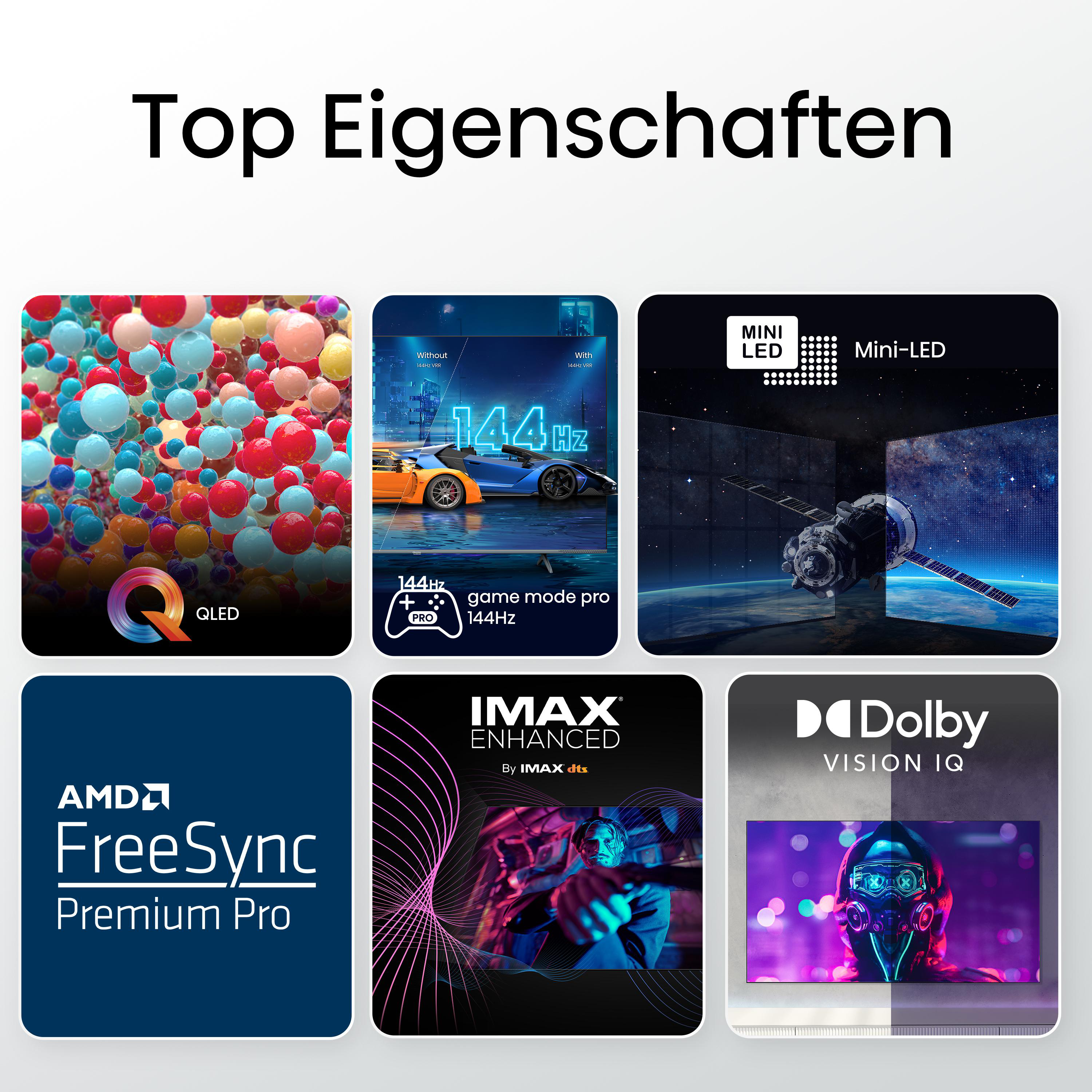 Ein Raster von sechs Bildern, die Produktmerkmale zeigen, darunter QLED und Dolby Vision.
