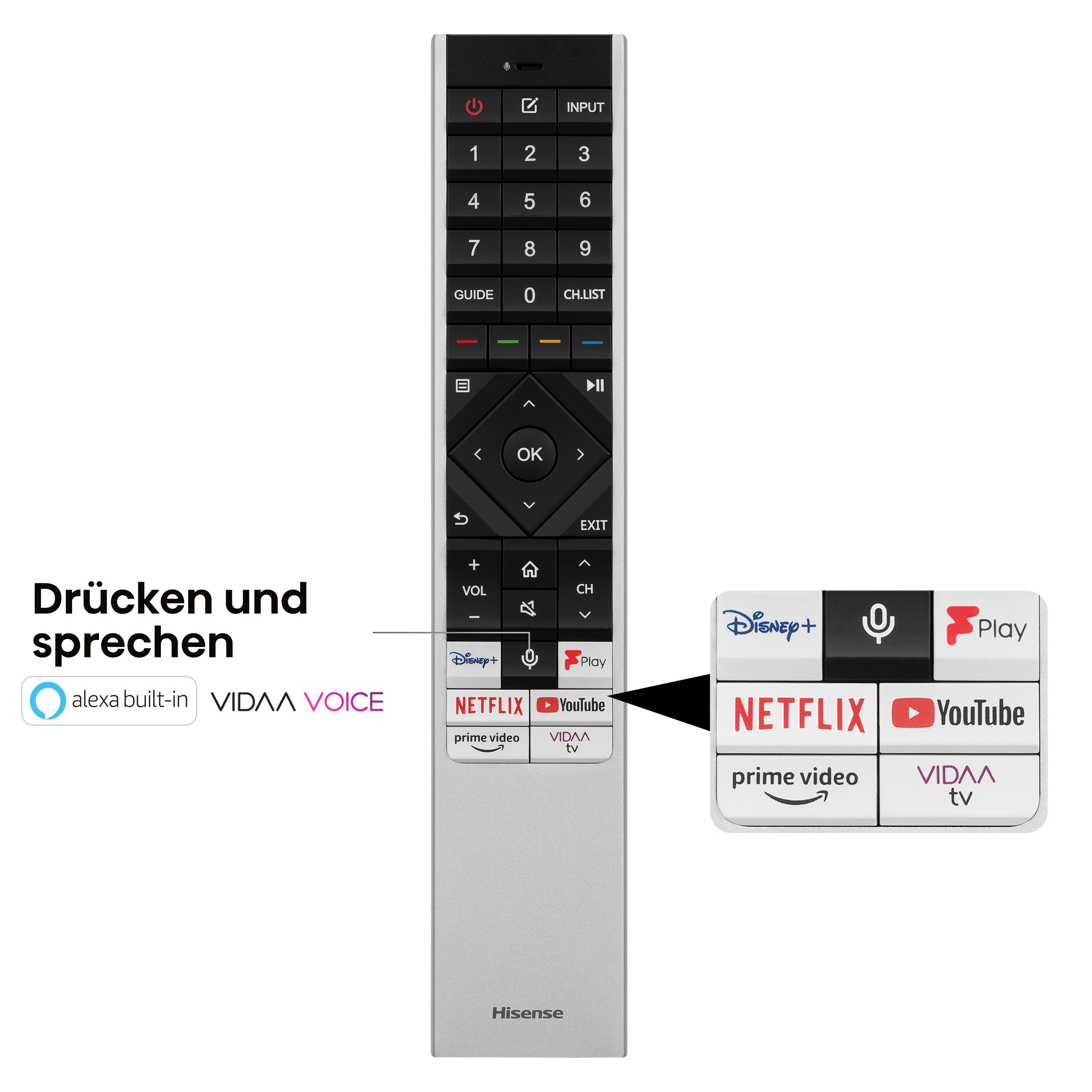 Silberne Fernbedienung mit Tasten, darunter Zahlen und Netflix-, Disney+- und Youtube-Tasten.