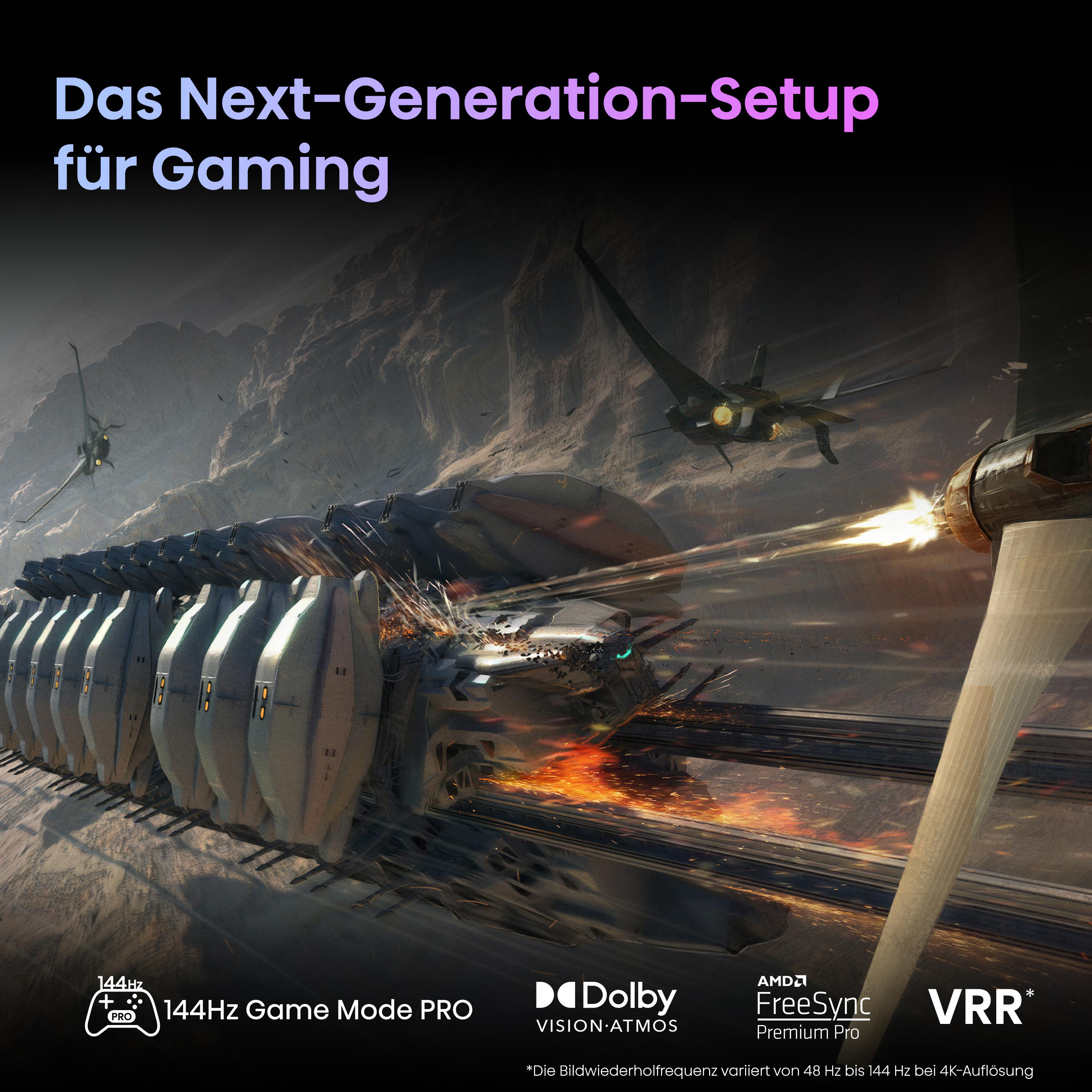 Eine futuristische Szene mit fliegenden Schiffen und einer leuchtenden Struktur.