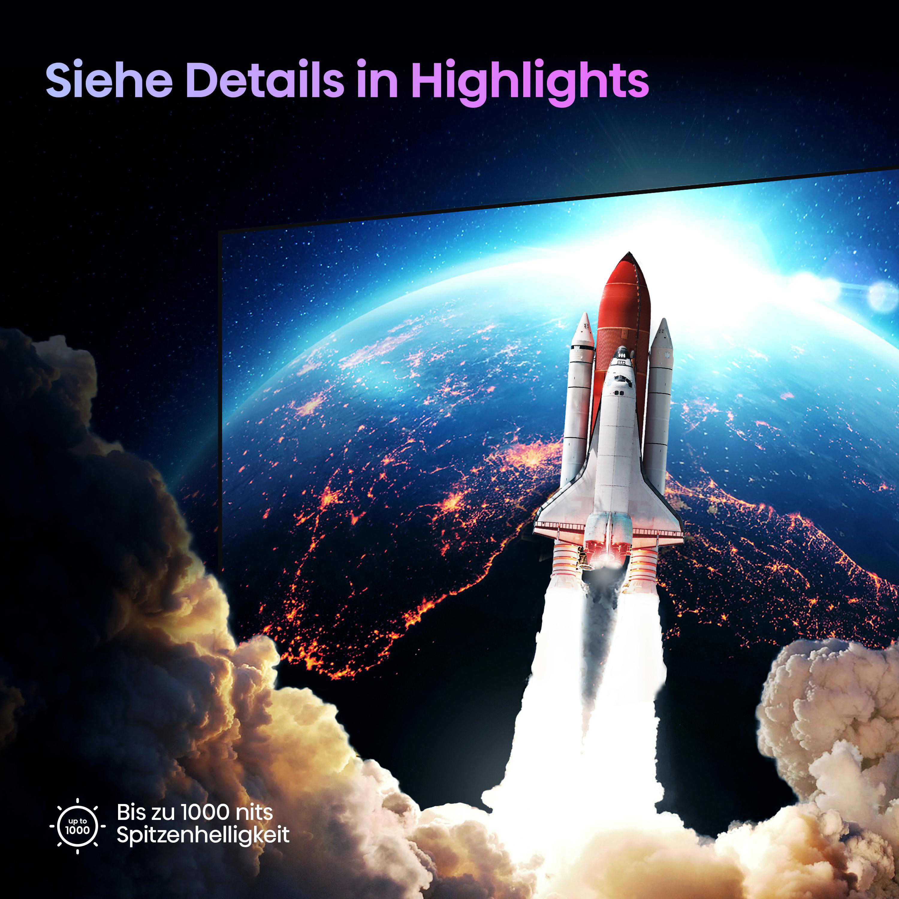 Weltraumfähre startet in den Weltraum. Erde im Hintergrund. Text: Spitzenhelligkeit, bis zu 1000 Nits.