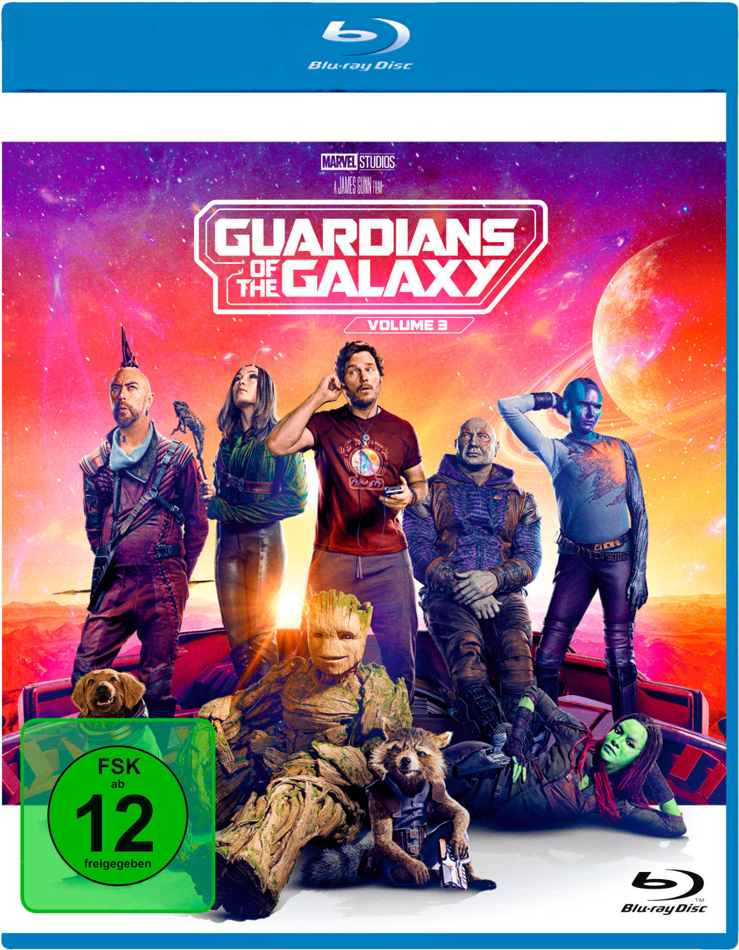 Blu-ray-Disc-Cover. Gruppe von Charakteren aus Guardians of the Galaxy, Volume 3 und blauer Hintergrund.