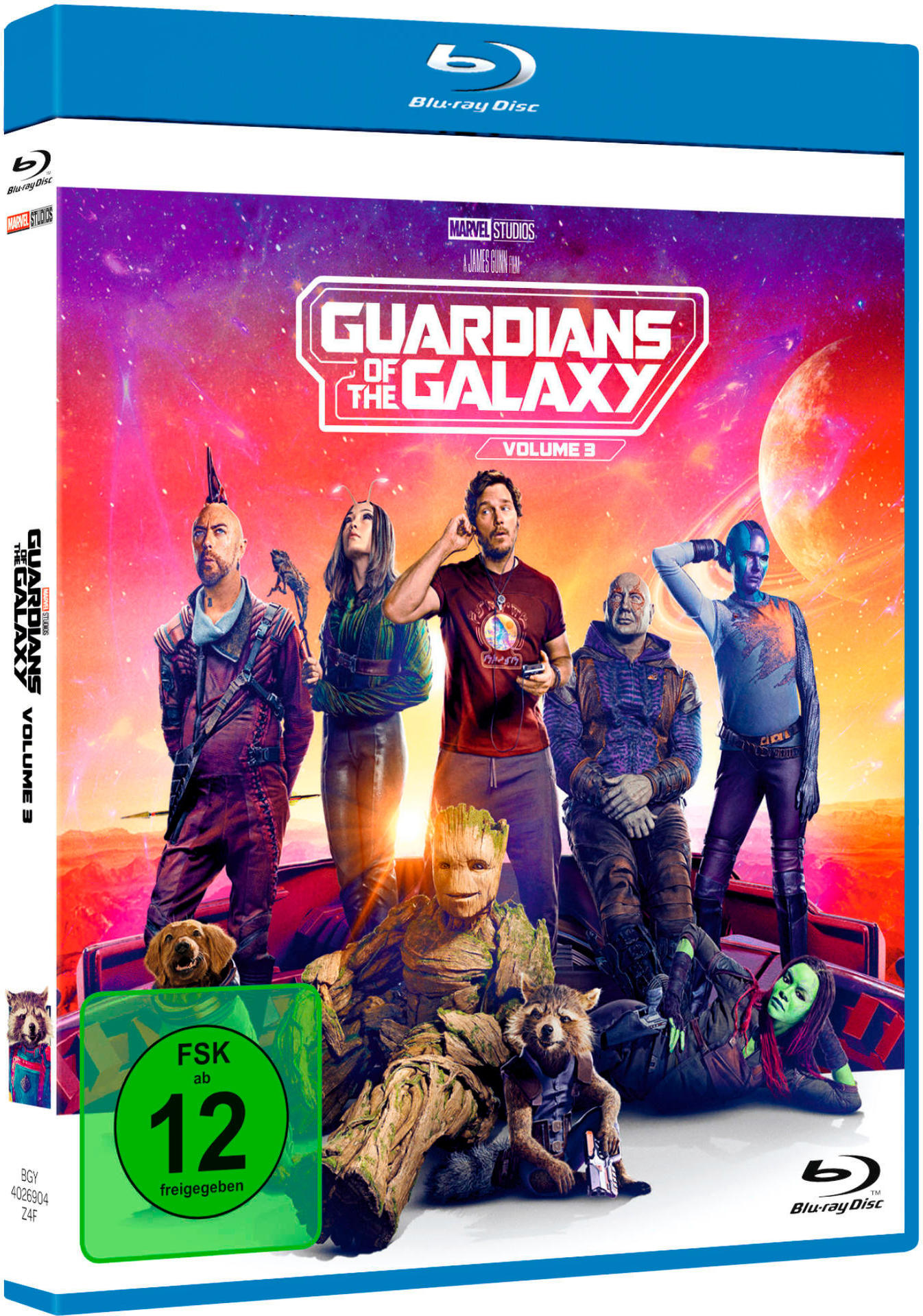 Eine Blu-ray-Box von Guardians of the Galaxy Volume 3 mit den Charakteren auf dem Cover.