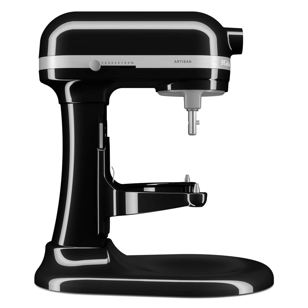Fekete KitchenAid Artisan robotgép. Ezüst sáv számokkal felül, oldalsó nézet.
