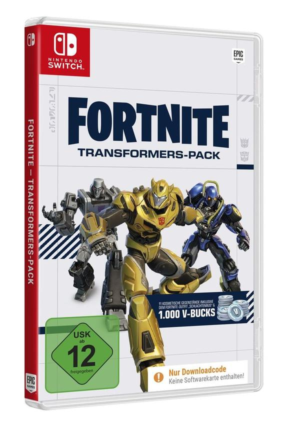 Fortnite Transformers Pack Boxart mit Robotercharakteren und Spieletitel.