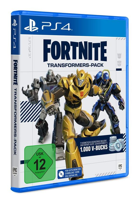 Fortnite Transformers Pack PS4-Spielbox. Roboter, Text, Logos. Blaues Gehäuse, weißer Hintergrund.