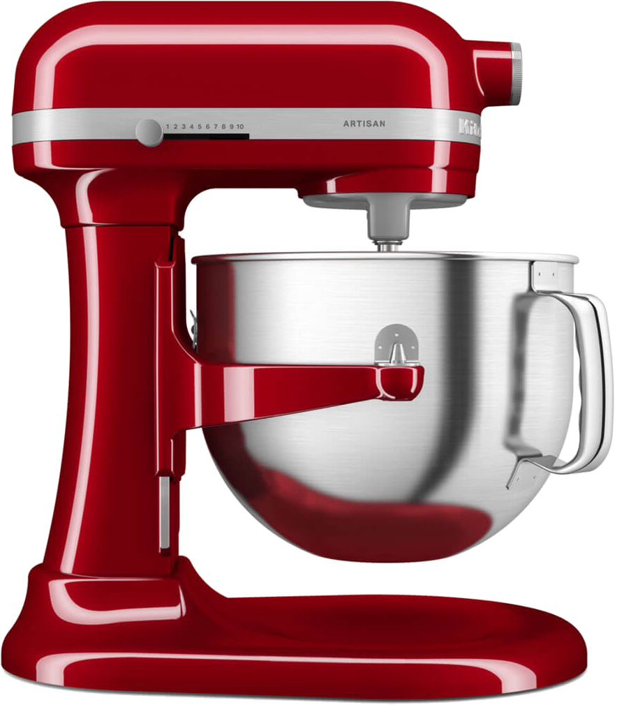 Piros robotgép ezüst tálal, sebességválasztóval és KitchenAid logóval.